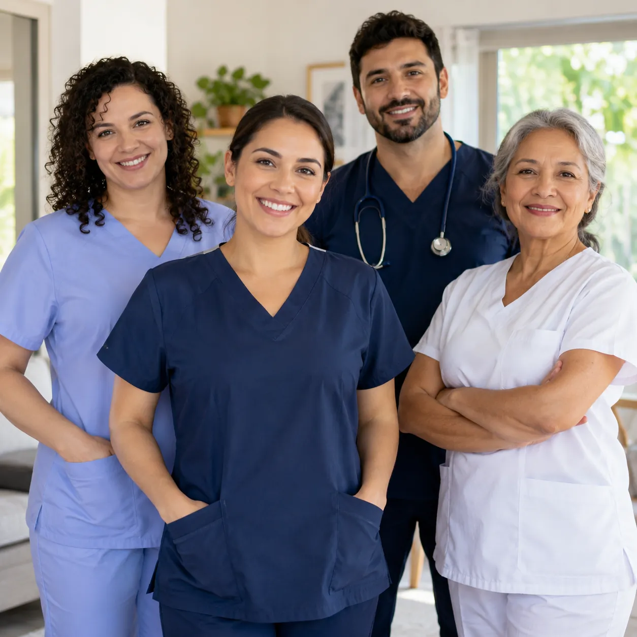 Equipo de enfermeras, un enfermero y una cuidadora con sus ambos