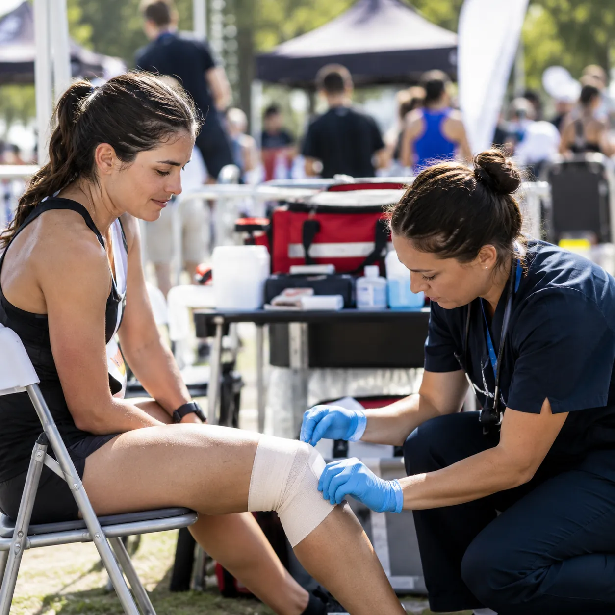 Enfermera vendando la rodilla de una corredora en un evento deportivo